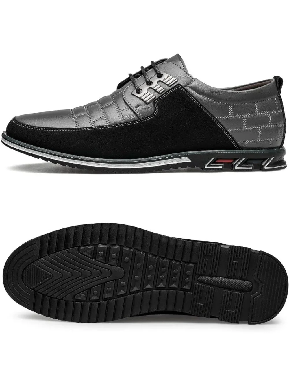 Men's Grey Plaid Embossed Grid Leather Comfortable Hybrid Oxford Dress Sneakers